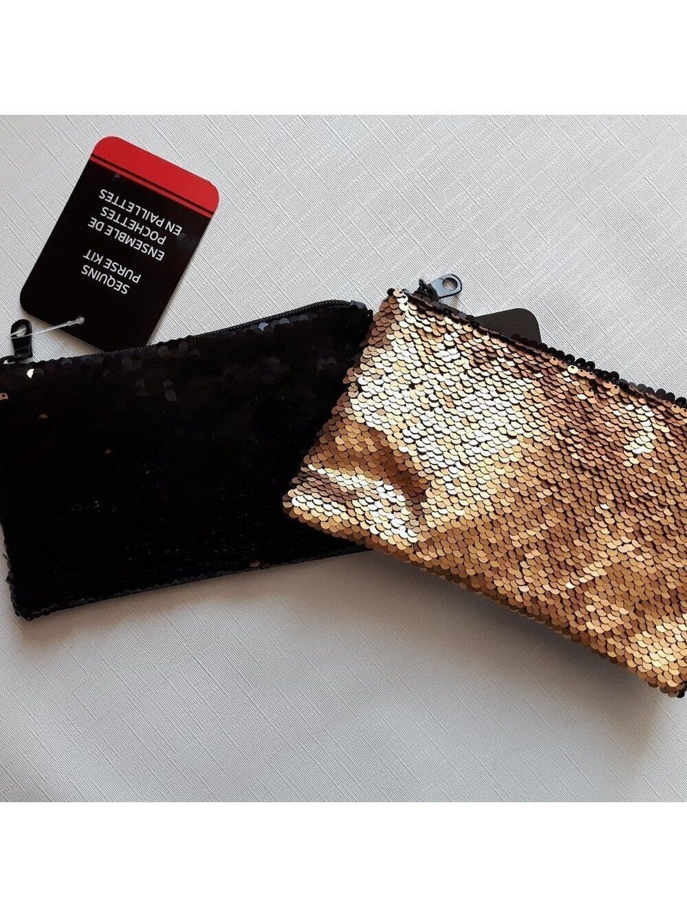 Small Flip Sequin Pouch LOT Pair 2 Gold and black
